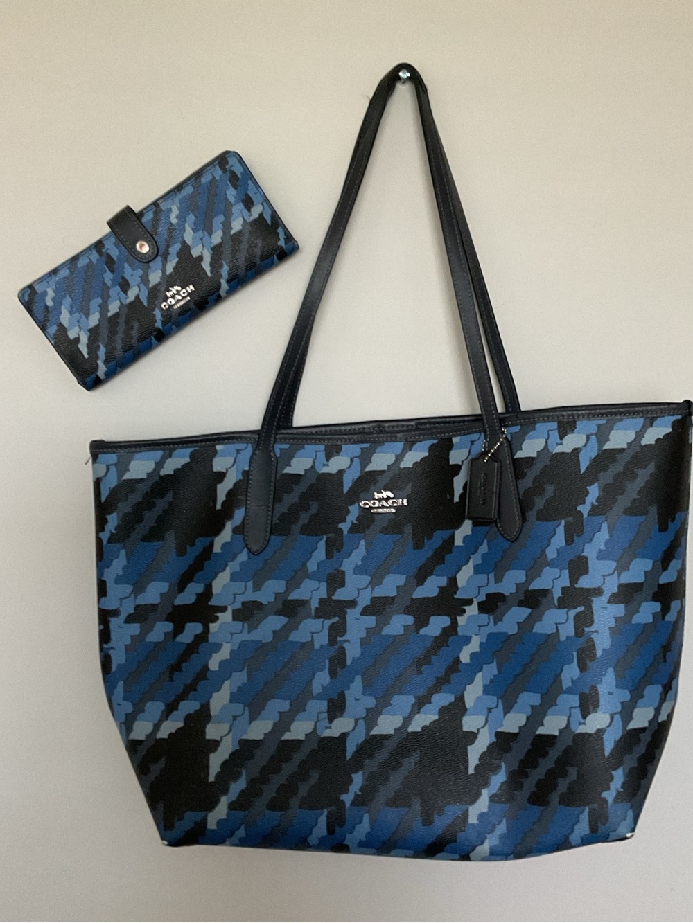 Coach City Tote and Slim Wallet in Blue Graphic Plaid Print, Set